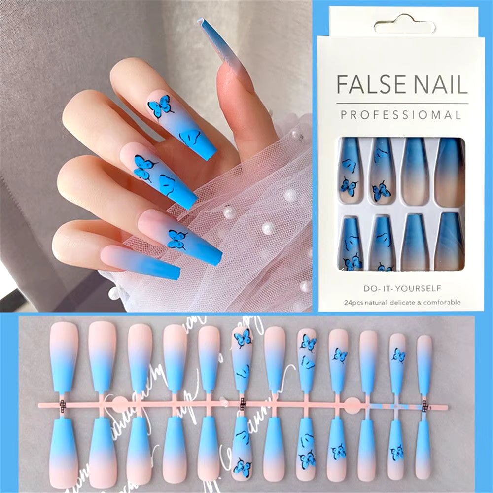 24Pcs Matte Fake Nails Extra Long Ballerina Coffin Dark Blue Colorful Rhinestone Decals False Nails with Designs Nail Art