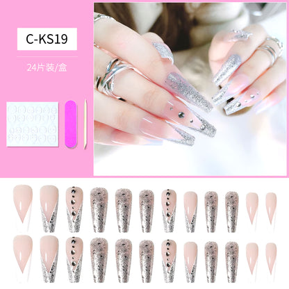 24Pcs Matte Fake Nails Extra Long Ballerina Coffin Dark Blue Colorful Rhinestone Decals False Nails with Designs Nail Art