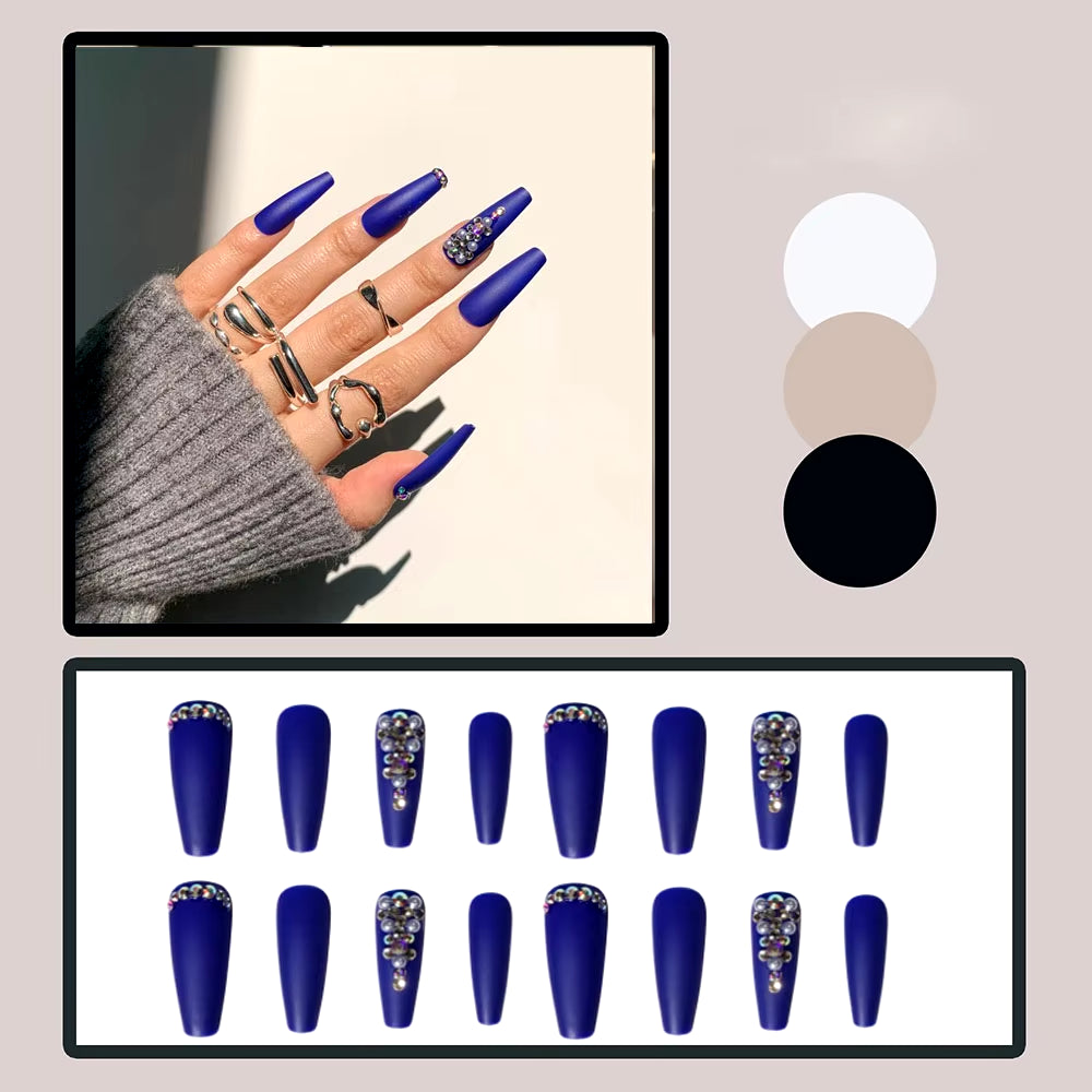 24Pcs Matte Fake Nails Extra Long Ballerina Coffin Dark Blue Colorful Rhinestone Decals False Nails with Designs Nail Art