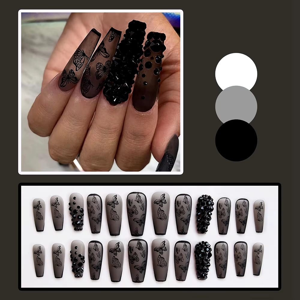 24Pcs Matte Fake Nails Extra Long Ballerina Coffin Dark Blue Colorful Rhinestone Decals False Nails with Designs Nail Art