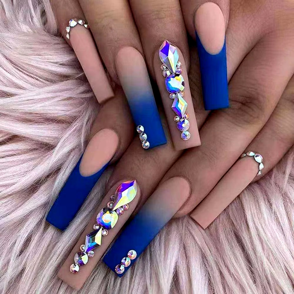 24Pcs Matte Fake Nails Extra Long Ballerina Coffin Dark Blue Colorful Rhinestone Decals False Nails with Designs Nail Art